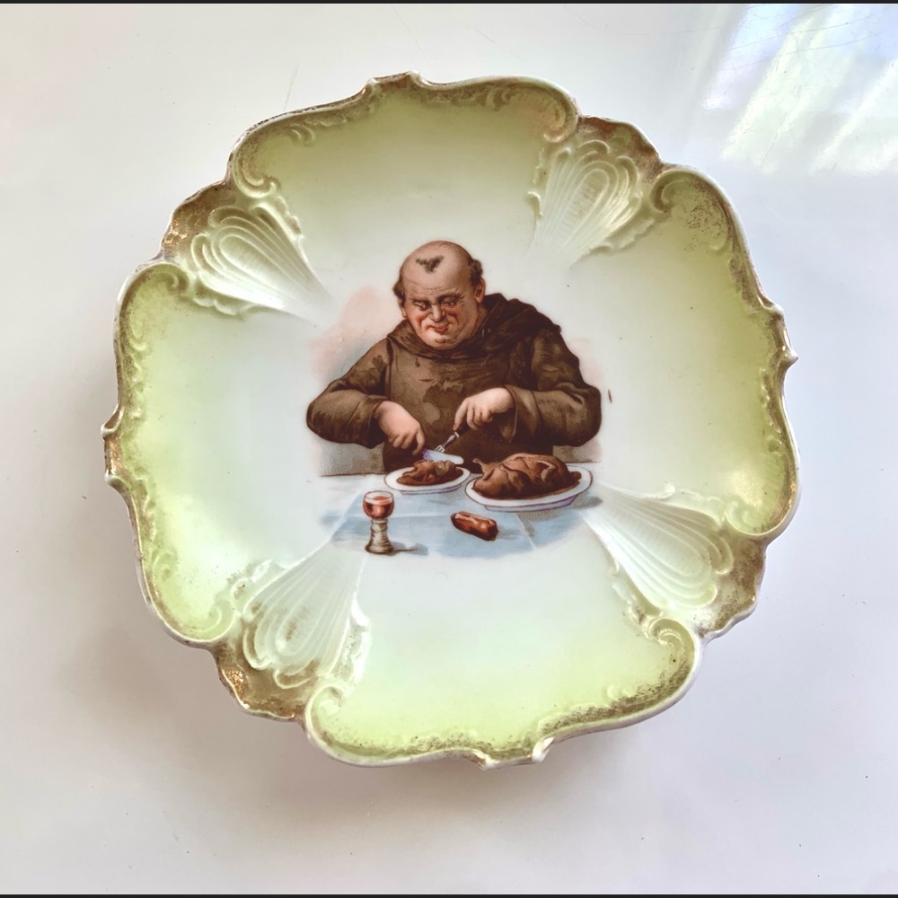 Antique Porcelain FriarWare Monk Supper Scalloped Edge 6" Dish